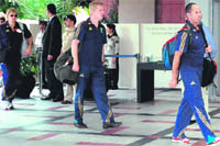 Australian cricket team members check in at a hotel in Chandigarh 