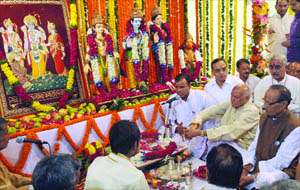 Members of the Luv-Kush Ramlila Committee perform bhoomi pujan at the Red Fort Grounds in New Delhi on Monday.