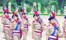 Women constables of the Indian Reserve Battalion take part in the passing-out parade at the HPA, Madhuban, in Karnal on Monday.