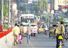 In the absence of any check, private buses often violate the one-way traffic rule on a flyover near the bus stand to reach the bus stand faster.