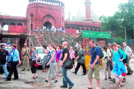 Foreign tourists at Jama Masjid on Monday.