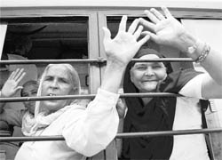 Members of a Sikh jatha leave for Pakistan at Attari railway station on Monday