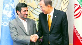 UN Secretary-General Ban Ki-moon with Iranian President Mahmoud Ahmadinejad at United Nations headquarters on Sunday.