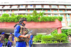 A view of security in front of Taj Hotel at Sector 17 in Chandigarh.