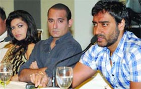 Actors Amita Pathak, Akshaye Khanna and Ajay Devgun promote their upcoming film Aakrosh in New Delhi on Tuesday.