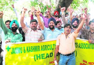 Members of the Agriculture Technocrats Association protest in support of their demands in Jammu on Tuesday.