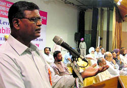 Convener P Abhimanyu addresses a convention organsied by the Joint Action Committee of BSNL Unions and Associations in Ludhiana on Tuesday