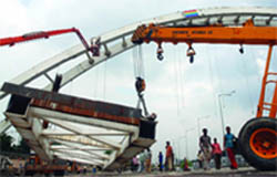 The collapsed foot overbridge near Jawaharlal Nehru Stadium in New Delhi 