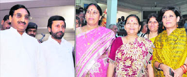 Uttarakhand Chief Minister Ramesh Pokhriyal Nishank and Prakash Pant; and (right) women legislators with Vijaya Barthwal (centre) enter the Assembly on the opening day of the monsoon session in Dehradun on Wednesday.
