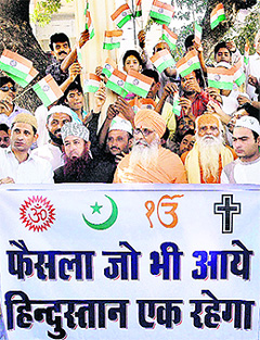 Leaders take part in a harmony rally ahead of the Allahabad High Court verdict on the Ayodhya title suit, in Bhopal on Wednesday.