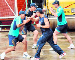 Australian players train at the Sector 16 stadium in Chandigarh on Wednesday