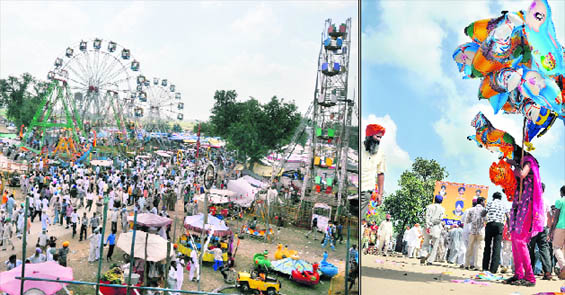 A view of the Chhapar Mela; and a man sells Chinese balloons.