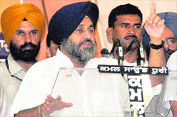 Deputy Chief Minister Sukhbir Singh Badal addresses a conference at the Chhapar Mela on Thursday.