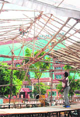 Tents pitched near PUDA Bhavan, Mohali, for the draw of lots for plots in GMADAs Aerocity project, to be held on Saturday
