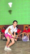 A player in action at the District Badminton Championship in Dehradun on Friday.