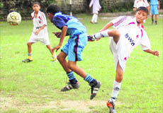 A match of the Council School Sub-Junior Boys Football Tournament under way in Dehradun on Friday.