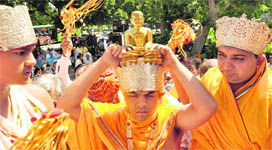 Devotees take part in a Rath Yatra Mohatsav at the Digamber Jain temple in Sector 27, Chandigarh