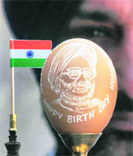 A sketch of Prime Minister Manmohan Singh drawn on an egg shell by an artist in Amritsar on Saturday on the eve of the formers birthday