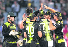 Warriors players celebrate the dismissal of South Australian Redbacks' Cameron Borgas during the second semi-final match in Pretoria on Saturday. First semi-final was between Chennai Super Kings and Royal challengers Bangalore. CSK won the match. 