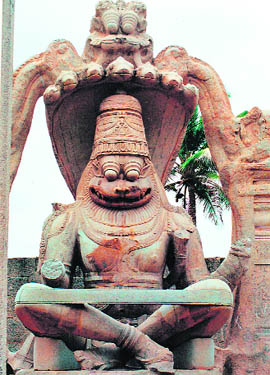 The 6.7-metre-high Narasimha monolith has been carved out of a single granite boulder
