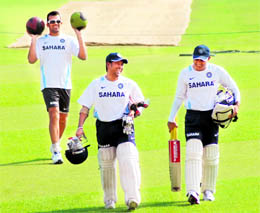 Sachin Tendulkar, Virender Sehwag and Zaheer Khan share a light moment at the PCA Stadium in Mohali on Sunday
