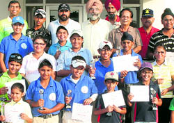 Winners of the CGA Junior Golf Tournament with Lt-Gen MS Buttar, Chief of Staff, Western Command, and CGA president JS Cheema in Chandigarh on Sunday