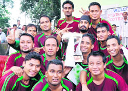 The Doon Star team with the Second Stephen Hishey Memorial Football Tournament trophy at the Pavilion Ground in Dehradun on Sunday. 