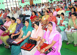 BJP workers participate in a training camp at Chamunda Devi on Sunday