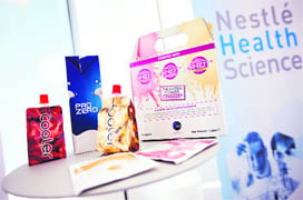 Food for medical purposes is displayed during a press conference to announce the launch of the Nestle Institute of Health Sciences at the Swiss Federal Institute of Technology in Ecublens, near Lausanne,