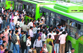 Commuters at ITO and other places in New Delhi had a tough time boarding DTC buses in the absence of Bluelines on Monday.