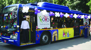 A purple-coloured Ho-Ho bus at its flagging off ceremony in New Delhi on Monday.