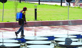 Fogging being carried out at the Games Village in New Delhi on Monday.