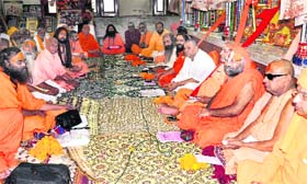 Members of the Akhil Bharatiya Sant Samiti hold at the Jagannath Dham Trust in Haridwar
