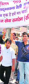  Students hold a peace march in Karnal on Monday.