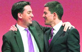 BAND OF BROTHERS: Britain's opposition Labour Party leader Ed Miliband (left) with his brother David in Manchester