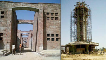 A cluster of barracks (left) under construction at the upcoming model jail in Faridkot; a watch tower being constructed in the centre of the jail that sprawls over an area of 72 acres in Faridkot.
