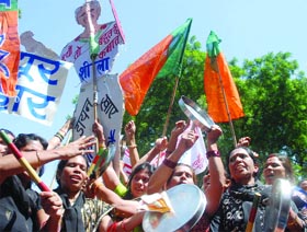 Activists of BJPs Mahila Morcha on Tuesday demonstrate against deteriorating law and order situation in New Delhi.