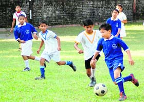 A match of the Inter Council School Sub Junior Boys Football Tournament being played in Dehradun