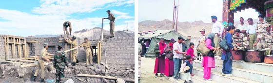 Security personnel help build houses for victims of the Ladakh cloudburst; and (right) food being distributed among the affected people in Leh