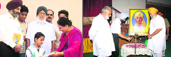 (Left) Shaheed Bhagat Singh’s niece distributes copies of life and history of the martyr among children at Ahmedgarh; (Right) Members of the youth forum light a ceremonial lamp at Doraha on Tuesday.