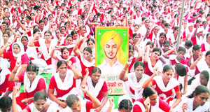 Members of the All-India Youth Federation attend a rally on the first day of the national delegates conference of the federation at Desh Bhagat Yaadgar Hall, Jalandhar, on Tuesday.
