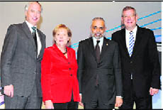 From Left: Prof Dr Ing. Hans-Peter Keitel, President, Confederation of German Industry (BDI), Dr Angela Merkel, German Federal Chancellor, Hari Bhartia, President, CII, and Arndt G Kirchhoff, chairman BDI-BDA SME Committee, at the annual day of the Confederation of German Industry, in Berlin.