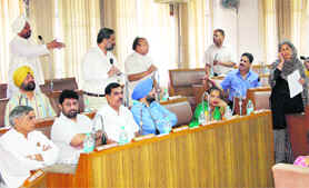 A heated discussion going on during a meeting of the municipal corporation in Chandigarh on Wednesday. 