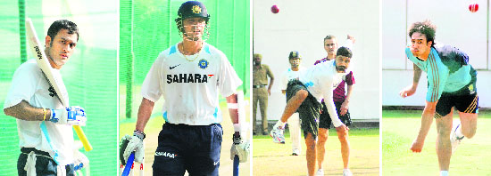 Indian skipper MS Dhoni, batsman Rahul Dravid, spinner Harbhajan Singh and Australian pacer Mitchell Johnson practise ahead of the Test match at PCA Stadium, Mohali, on Wednesday.