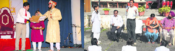 The play, Taj Mahal Ka Tender, being staged in Dehradun on Wednesday; Om Prakash Valmiki, Hindi writer, interacts with students of OFD, Kendriya Vidyalaya in Dehradun on Wednesday.