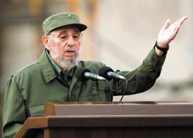 Former Cuban leader Fidel Castro speaks during the celebrations to commemorate the 50th anniversary of the creation of the Committees for the Defense of the Revolution (CDR) in Havana