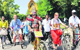 Students take part in a bicycle rally on the occasion of International Youth Peace Fest in Chandigarh
