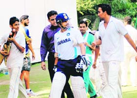 Sachin Tendulkar after the practice session at the PCA Stadium