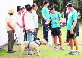 The dog squad inspects the practice area at the stadium