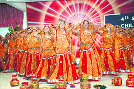 Girls perform Haryanavi folk dance during a function at Om Shanti Retreat Centre at Bhorakalan in Gurgaon